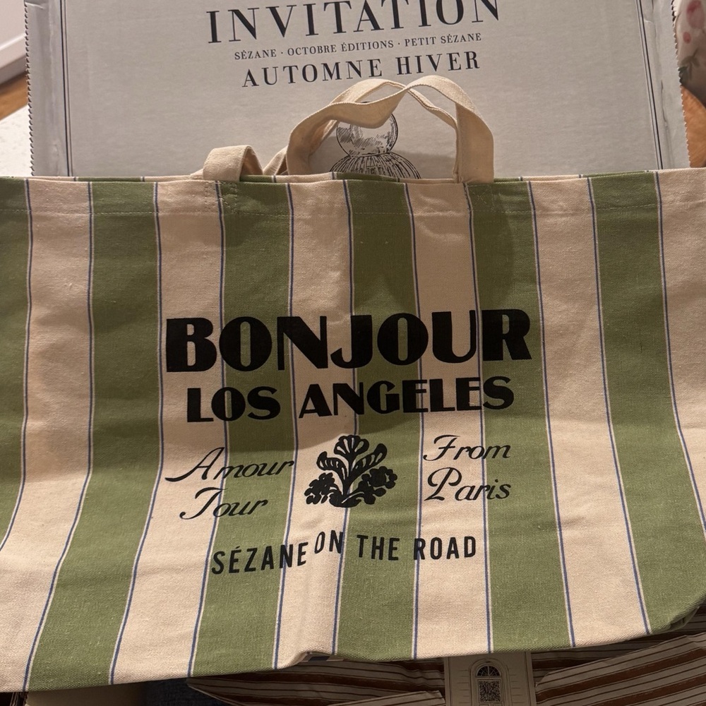 Sézane Bonjour Los Angeles Green Striped Tote Bag - New - Picture 4 of 12